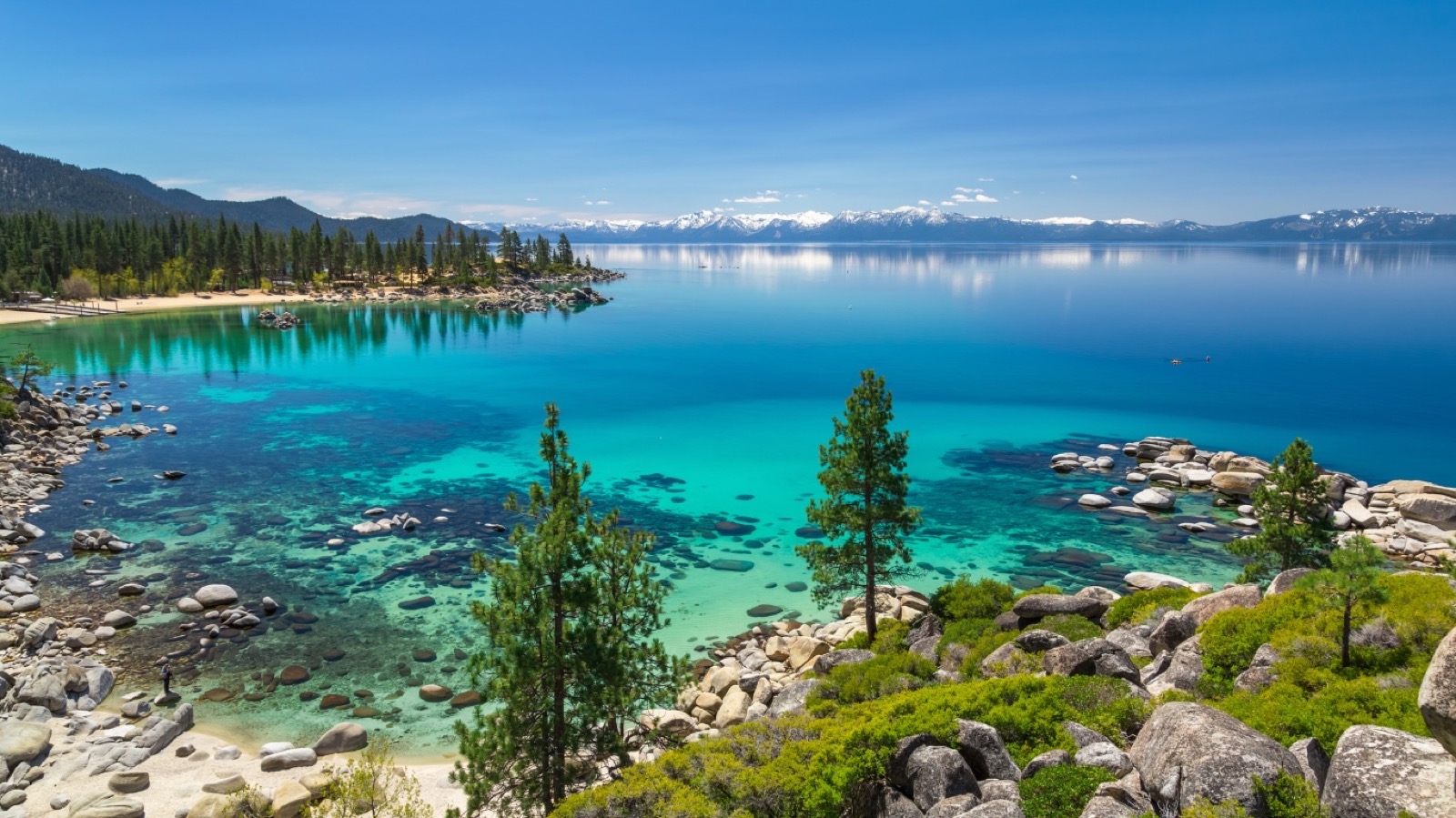 Clear blue water and mountains along a Northern California shoreline
